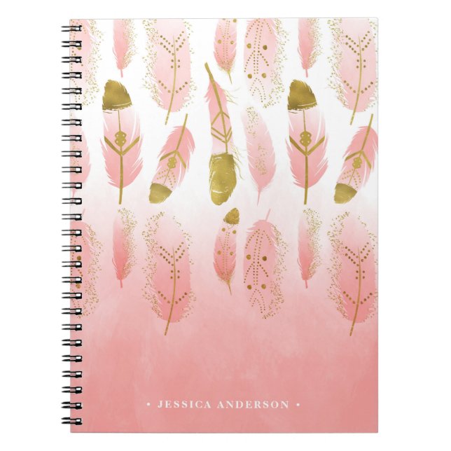Caderno Espiral Notebook Bohemian Pink and Dourado Feather (Frente)