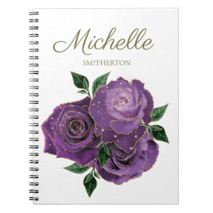 Caderno Espiral Notebook branco com flores Douradas roxas