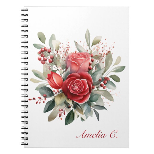 Caderno Espiral Notebook branco Elegante para Buquê de Rosa vermel (Frente)