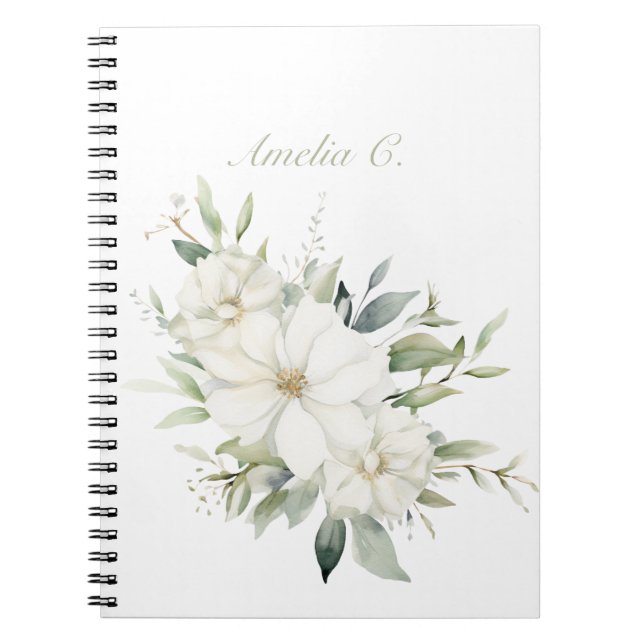 Caderno Espiral Notebook Branco Floral Elegante (Frente)