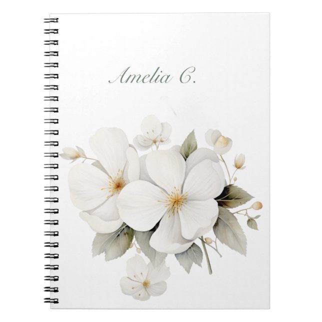 Caderno Espiral Notebook Branco Floral Elegante (Frente)