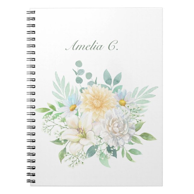 Caderno Espiral Notebook Branco Floral Elegante (Frente)