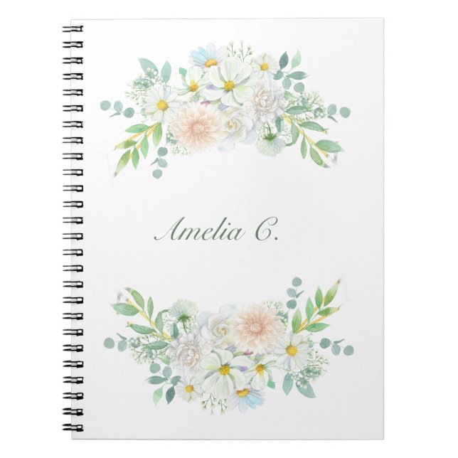 Caderno Espiral Notebook Branco Floral Elegante (Frente)