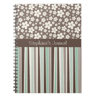 Caderno Espiral Notebook Brown Flowers and Stripes Personalizado