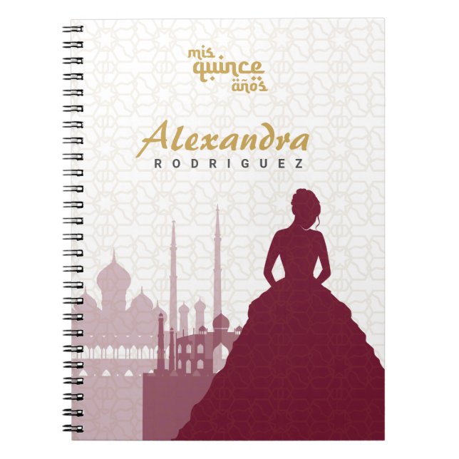 Caderno Espiral Notebook Burgundy & Dourado árabe Quinceañera (Frente)