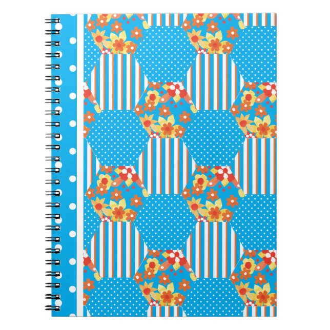 Caderno Espiral Notebook Chic: Patchwork Floral Stripes Bolinhas (Frente)