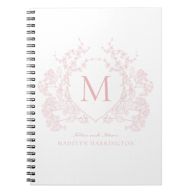 Caderno Espiral Notebook Classic Blush Pink Floral Crest Monograma (Frente)