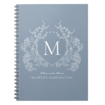 Notebook Classic Dusty Blue Floral Crest Monograma