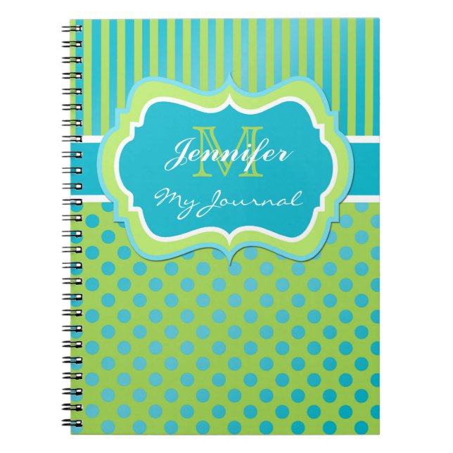 Caderno Espiral Notebook com Bolinhas azul e verde stripper Diário (Frente)