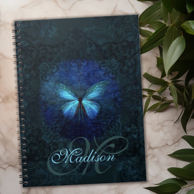 Caderno Espiral Notebook com borboleta azul monograma (Blue Butterfly Monogrammed Notebook)