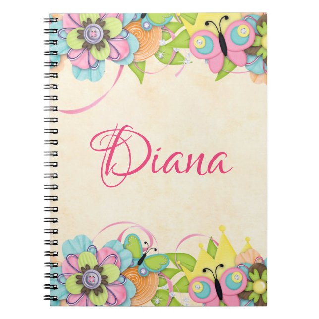 Caderno Espiral Notebook com borboleta e botão personalizado (Frente)