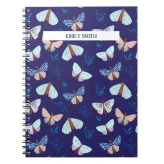 Caderno Espiral Notebook com borboleta padrão azul com destaque ro