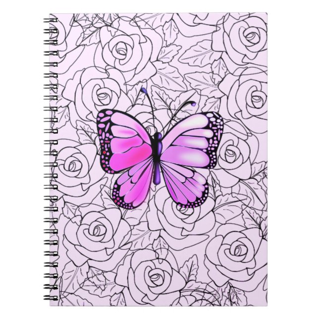 Caderno Espiral Notebook com borboleta púrpura com Rosas (Frente)