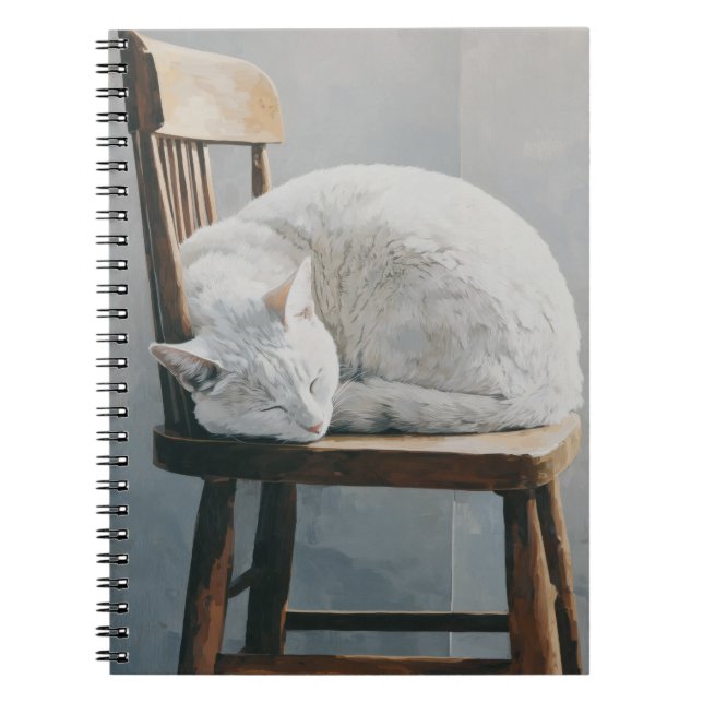 Caderno Espiral Notebook com Cadeira de Madeira de Gato Branco (Frente)