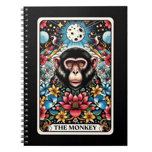 Caderno Espiral Notebook com cartão de tarô com espírito macaco (Frente)