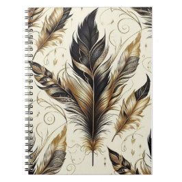 Caderno Espiral Notebook com Design de penas preto e Dourado