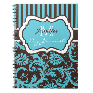 Caderno Espiral Notebook com Diário Damasco Branco Azul, Branco, 
