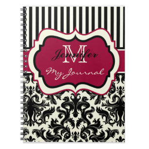 Caderno Espiral Notebook com Diário Damask com risca vermelha-pre