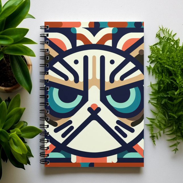 Caderno Espiral Notebook com face de gato cinza geométrica (Criador carregado)