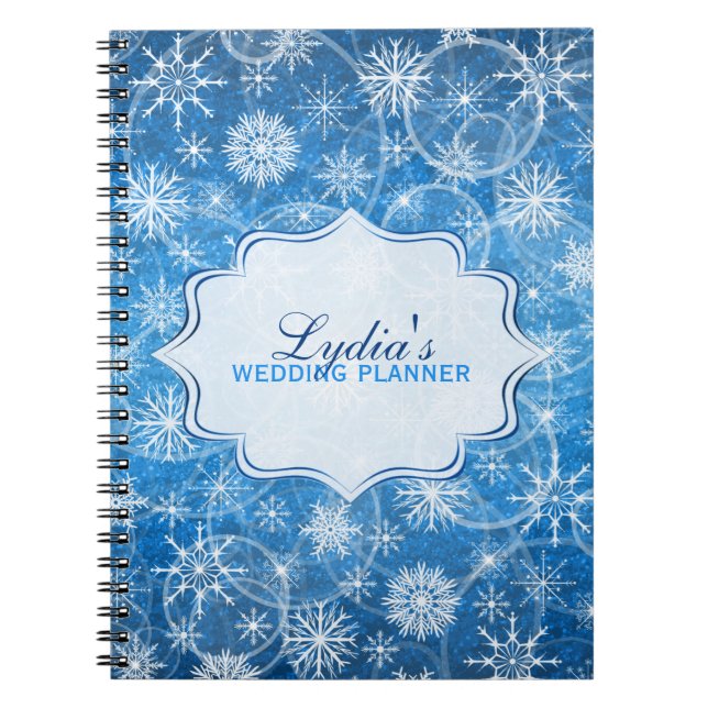 Caderno Espiral Notebook com flocos de neve brancos e azuis person (Frente)