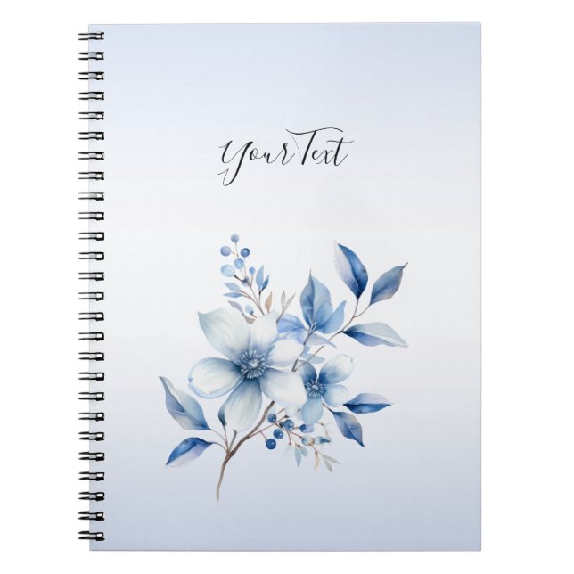Caderno Espiral Notebook com flores azuis botânicas (Frente)