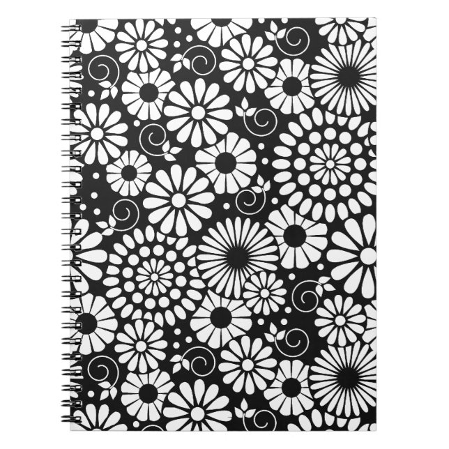 Caderno Espiral Notebook com flores brancas pretas retrorreflector (Frente)