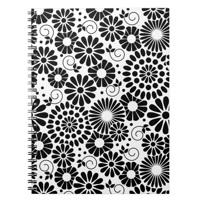 Caderno Espiral Notebook com flores brancas pretas retrorreflector (Frente)