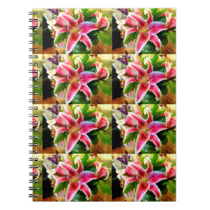 Caderno Espiral notebook com lírios cor-de-rosa