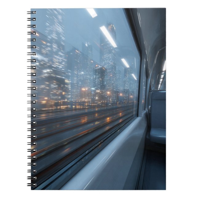 Caderno Espiral Notebook com luzes da cidade se desfocam do trem (Frente)