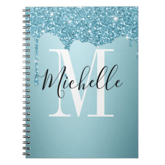 Caderno Espiral Notebook com monograma azul esbranquiçado