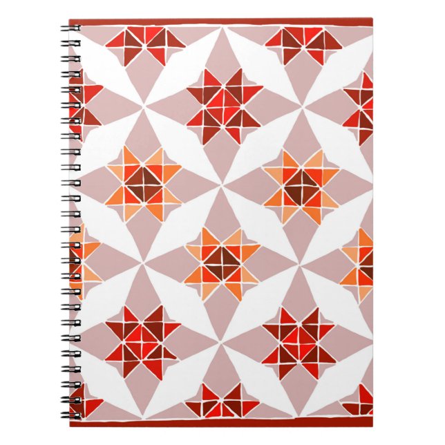 Caderno Espiral Notebook com padrão de colcha vermelho e laranja (Frente)