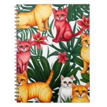 Notebook com padrão de gatos tropicais