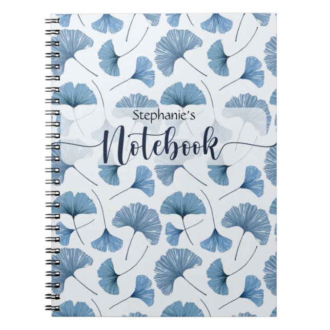 Caderno Espiral Notebook com planta azul e branca Gingko Espiral (Frente)