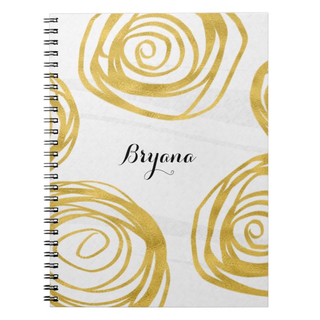 Caderno Espiral Notebook com Rosas giratórios brancos e Dourados D (Frente)