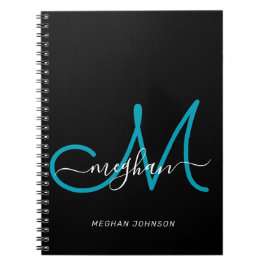Caderno Espiral Notebook com Script Chic Black Teal Monograma Mode