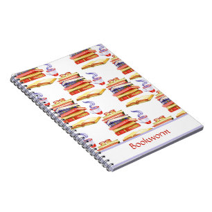 Caderno Espiral Notebook com worm de livros empilhados