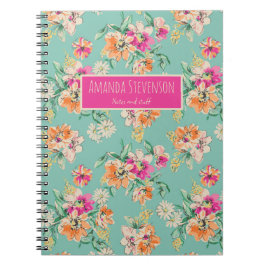 Caderno Espiral Notebook cor-de-rosa e cor-de-água laranja padrão