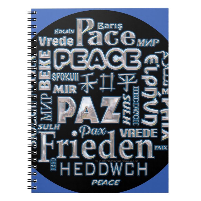 Caderno Espiral Notebook cromado texto paz multiidiomas (Frente)