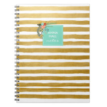 Notebook de Aqua Floral Moderno e Stripe de Folha