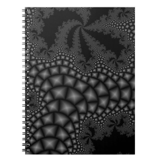 Caderno Espiral Notebook de arte fractal preto e branco (Frente)