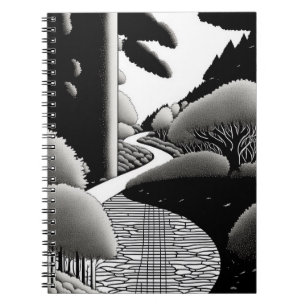 Caderno Espiral Notebook de caminho da floresta branca e preta