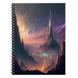 Caderno Espiral Notebook de Cidade Futurística com Ficção Científi