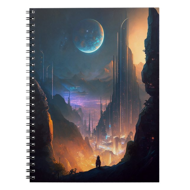 Caderno Espiral Notebook de Cidade Futurística com Ficção Científi (Frente)