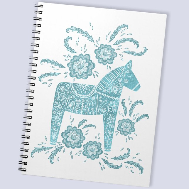 Caderno Espiral Notebook de Dala Horse Teal & White Foley (Swedish Dala Horse folk art teal and white notebook)