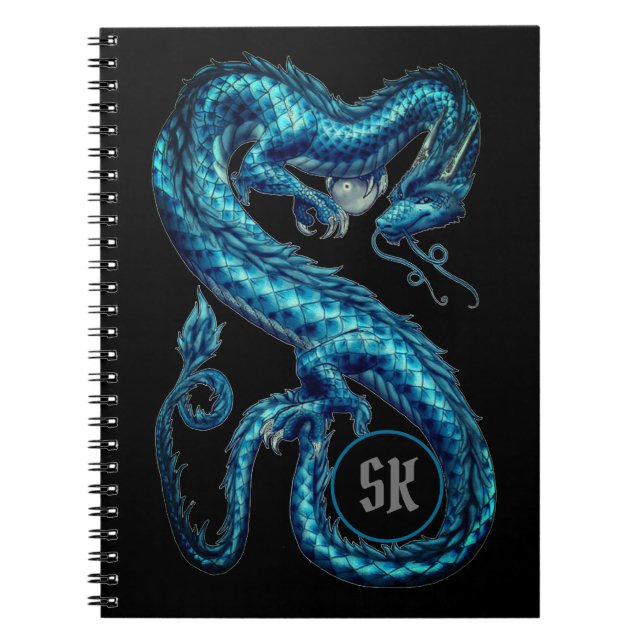 Caderno Espiral Notebook de Dragão Asiático Teal Monograma (Frente)