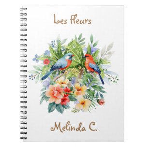 Caderno Espiral Notebook de duas aves bonitas com flores tropicais