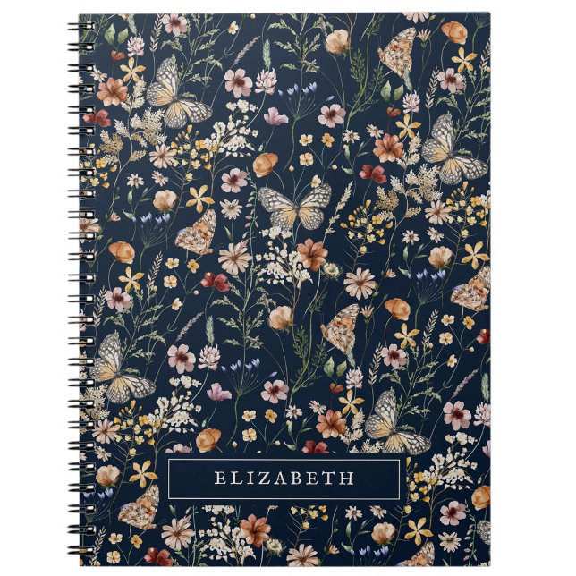 Caderno Espiral Notebook de flor selvagem marinho azul (Navy Blue Boho Wildflower Notebook by Painted Paperie
)