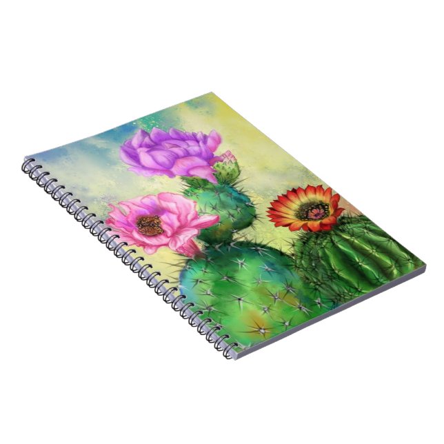 Caderno Espiral Notebook de Flores de Cactus Vermelhas Púrpura (Lado Direito)