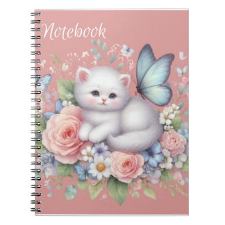 Caderno Espiral Notebook De Gatinho Branco, Borboletas E Flores