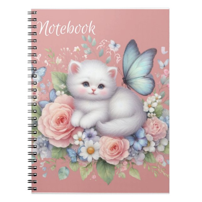 Caderno Espiral Notebook De Gatinho Branco, Borboletas E Flores (Frente)